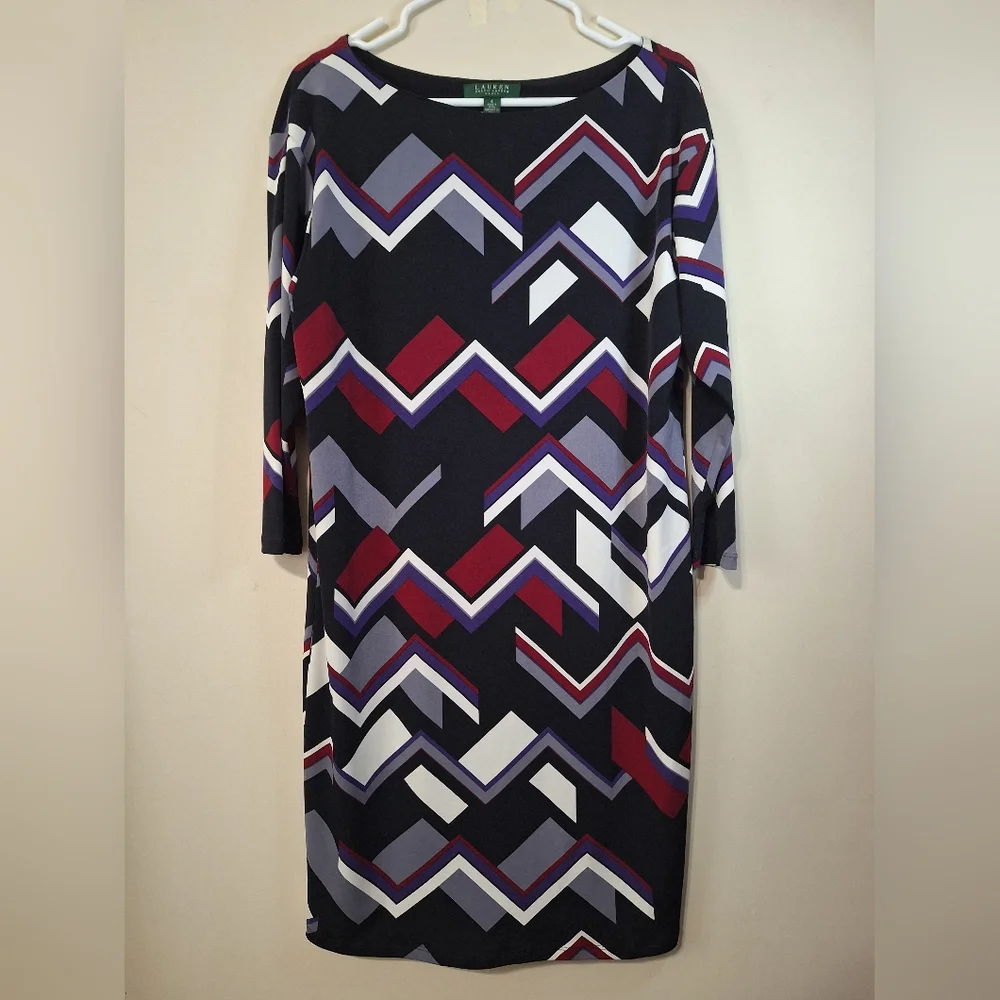 NWOT Lauren Ralph Lauren Sz 8 Zigzag Geometric Print 3/4 Sleeve Shift Dress - Picture 1 of 5